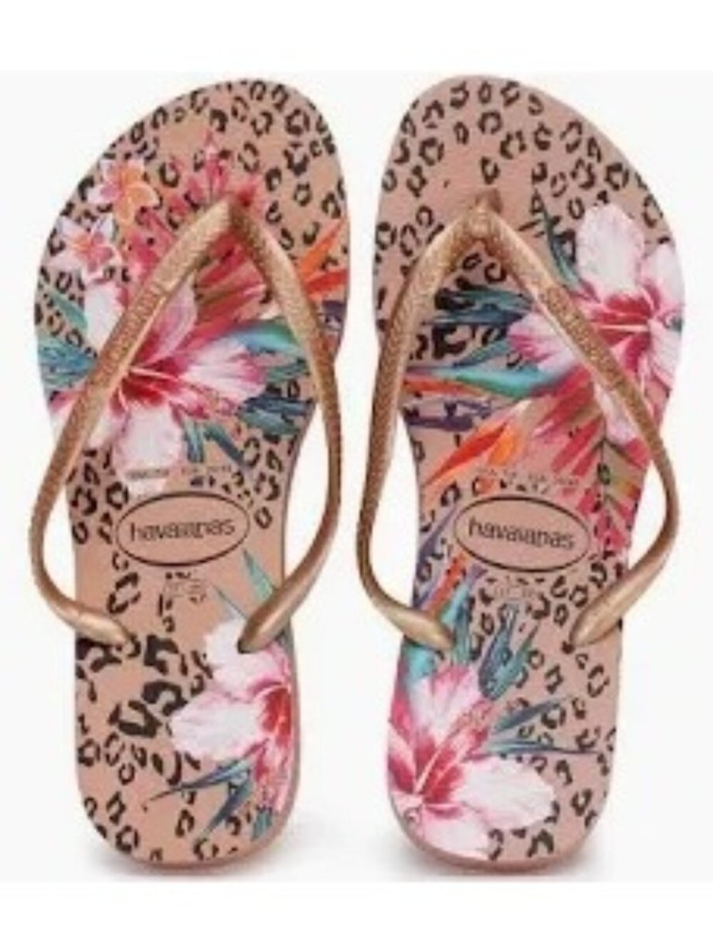 NWT Havaianas Womens Floral & Leopard Flip Flops Pink & Gold Size 9/10 USA Summe